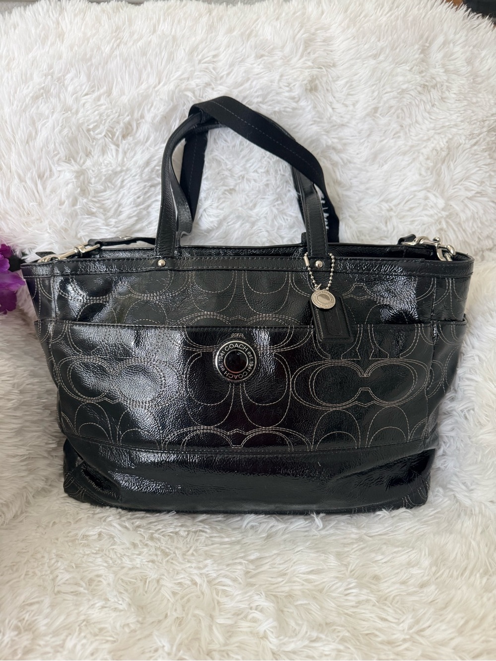 Coach Black Patent Leather Tote with Signature Logo Pattern